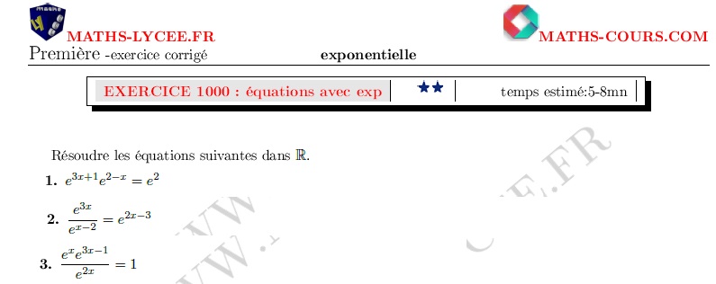chapitre : ex et vidéo Équations avec exponentielle (niv2)