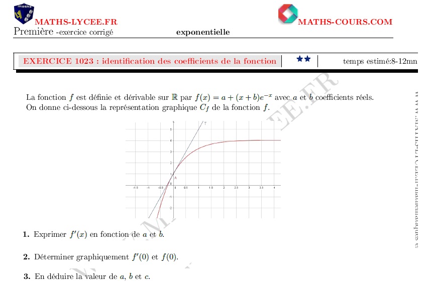 chapitre : ex et vidéo Identifier les coefficients d'une fonction
