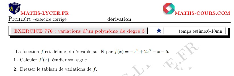 chapitre : ex et vidéo Étude des variations d'un polynôme de degré 3