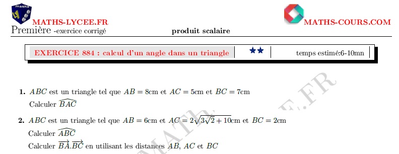 chapitre : ex et vidéo Calcul d'un angle dans un triangle
