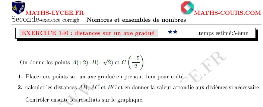 chapitre Ensembles de nombres et intervalles: ex et vidéo Calculs de distances sur un axe gradué