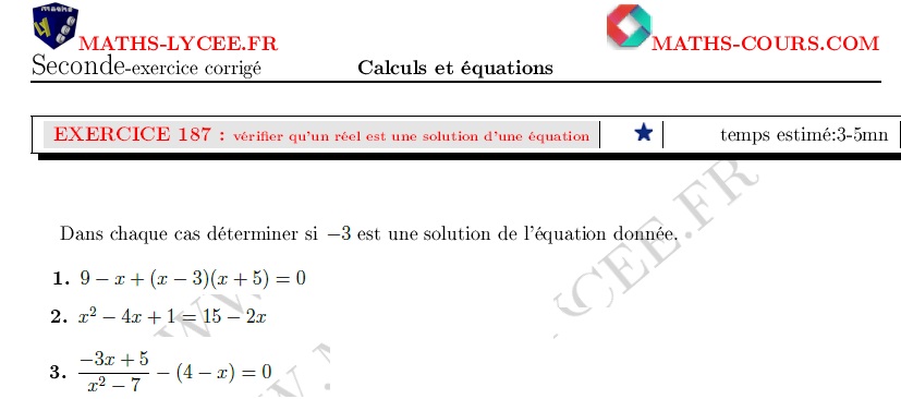 chapitre Calculs et équations: ex et vidéo Vérifier si un nombre est une solution