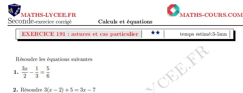 chapitre Calculs et équations: ex et vidéo Équation avec fractions et cas particulier