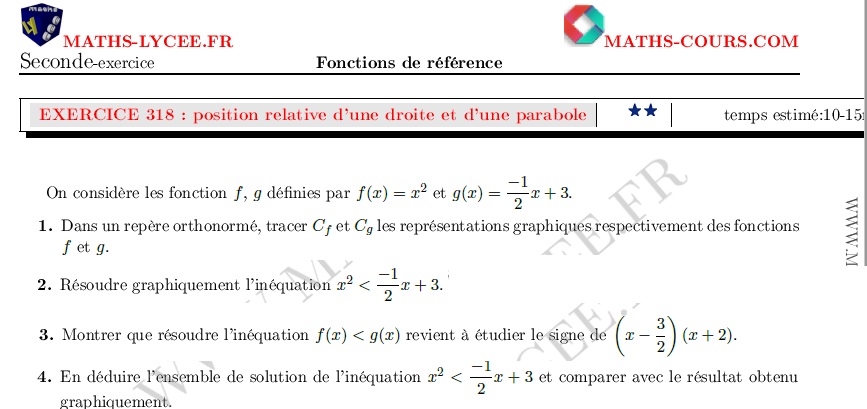 chapitre Fonctions de références et étude de fonctions: ex et vidéo Position relative d'une droite et d'une parabole