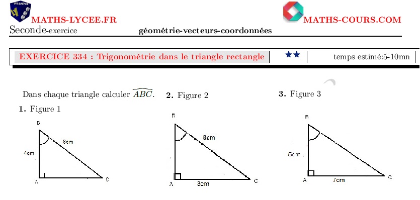 chapitre Géométrie, vecteurs et coordonnées: ex et vidéo Calcul d'un angle dans un triangle rectangle
