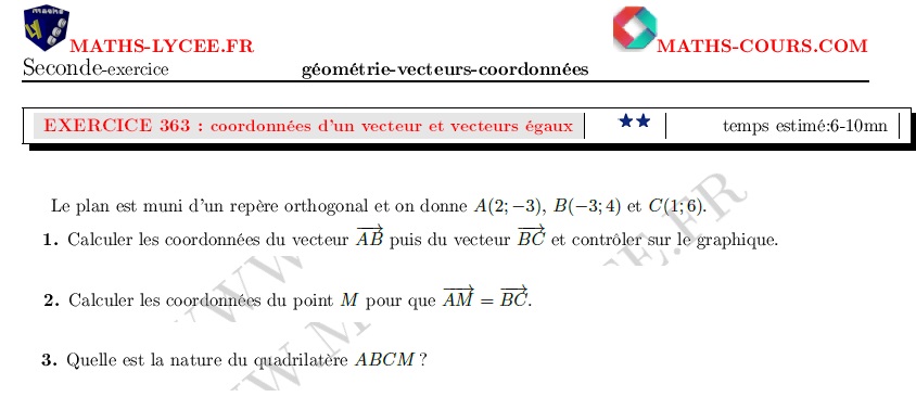 chapitre Géométrie, vecteurs et coordonnées: ex et vidéo Coordonnées d'un vecteur- vecteurs égaux
