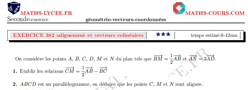 chapitre Géométrie, vecteurs et coordonnées: ex et vidéo Problème d'alignement