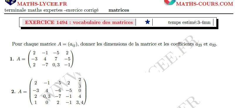chapitre Maths expertes matrices: ex et vidéo Dimensions d'une matrice et coefficients