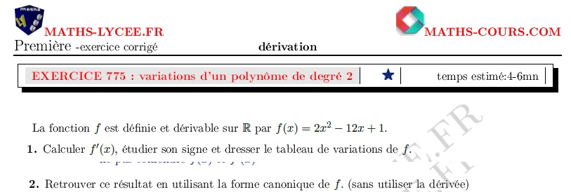 chapitre : ex et vidéo Étude des variations d'un polynôme de degré 2