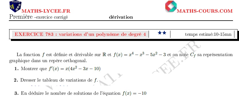 chapitre : ex et vidéo Étude des variations d'un polynôme de degré 4