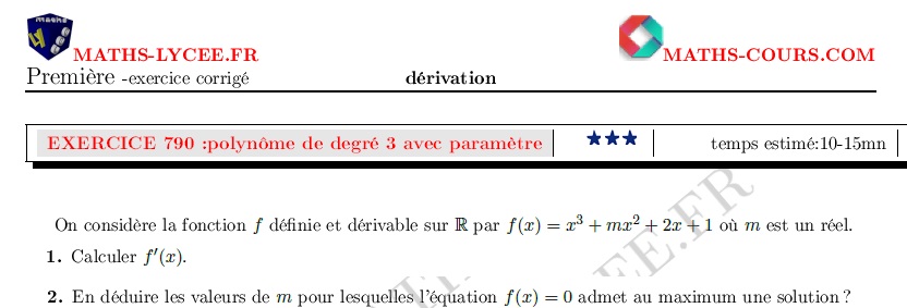 chapitre : ex et vidéo Fonction polynôme de degré 3 avec paramètre