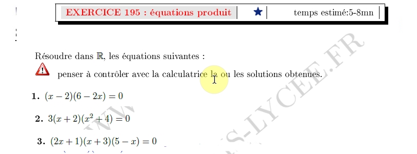 chapitre Calculs et équations: ex et vidéo Équation avec  produit de facteurs nul
