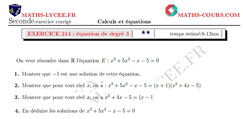 chapitre Calculs et équations: ex et vidéo Équation de degré 3