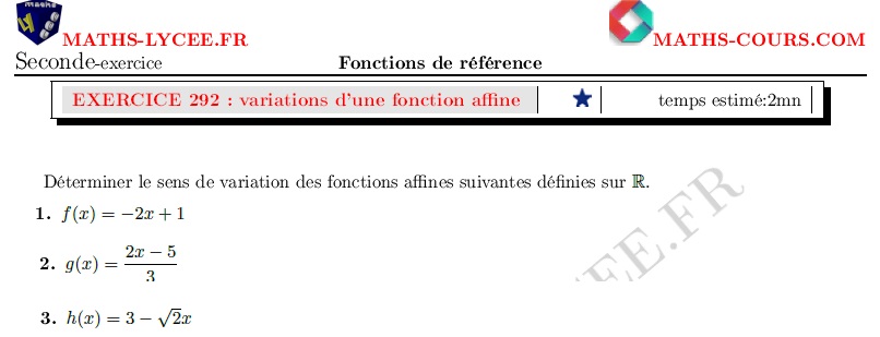 chapitre Fonctions de références et étude de fonctions: ex et vidéo Variations d'une fonction affine