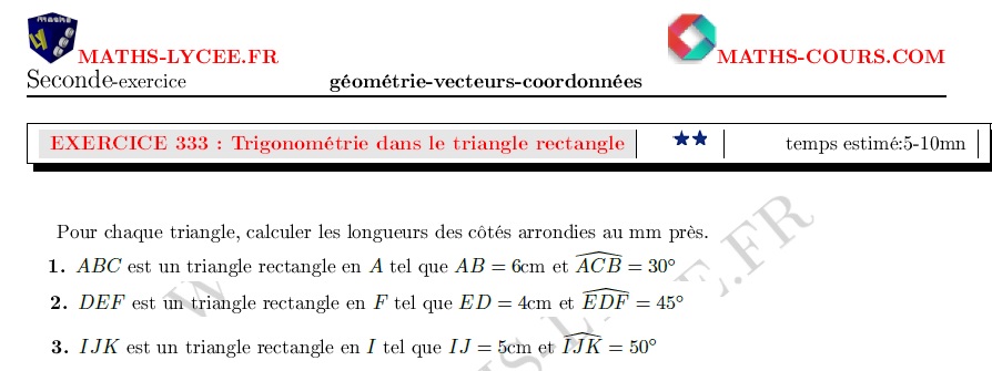 chapitre Géométrie, vecteurs et coordonnées: ex et vidéo Trigonométrie dans le triangle rectangle