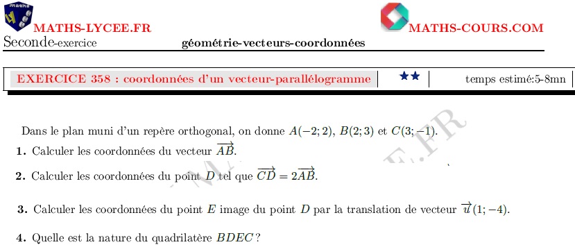 chapitre Géométrie, vecteurs et coordonnées: ex et vidéo Coordonnées d'un vecteur, parallélogrammes