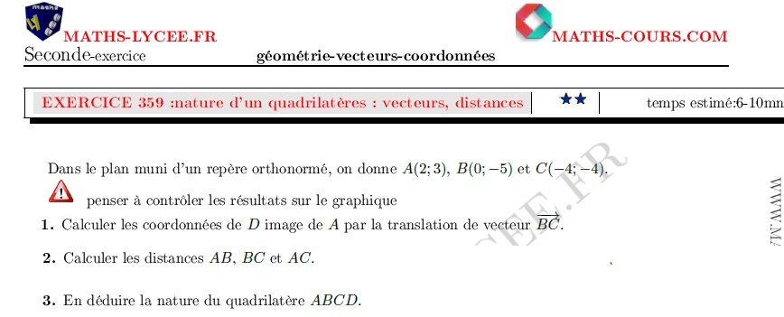 chapitre Géométrie, vecteurs et coordonnées: ex et vidéo Vecteurs égaux, distances