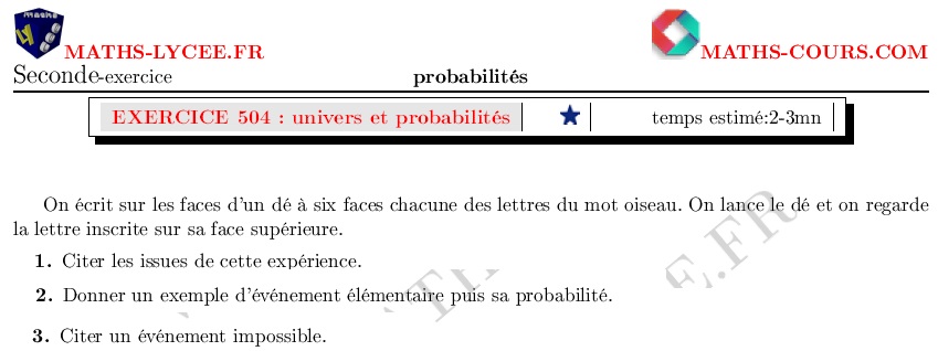 chapitre Probabilités: ex et vidéo Univers et probabilités simples