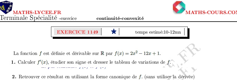 chapitre Dérivation-continuité-convexité: ex et vidéo Dérivée et variation polynôme degré 2