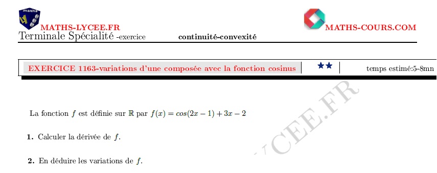 chapitre Dérivation-continuité-convexité: ex et vidéo Variation d'une composée avec cosinus