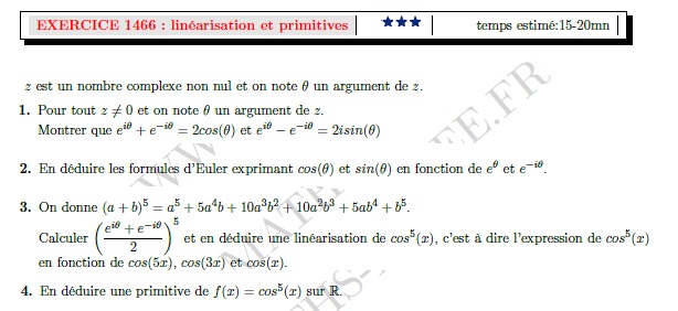 chapitre Maths expertes complexes: ex et vidéo linéarisation de $cos^5(x)$ et primitives
