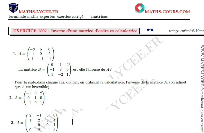 chapitre Maths expertes matrices: ex et vidéo Inverse d'une matrice et calculatrice