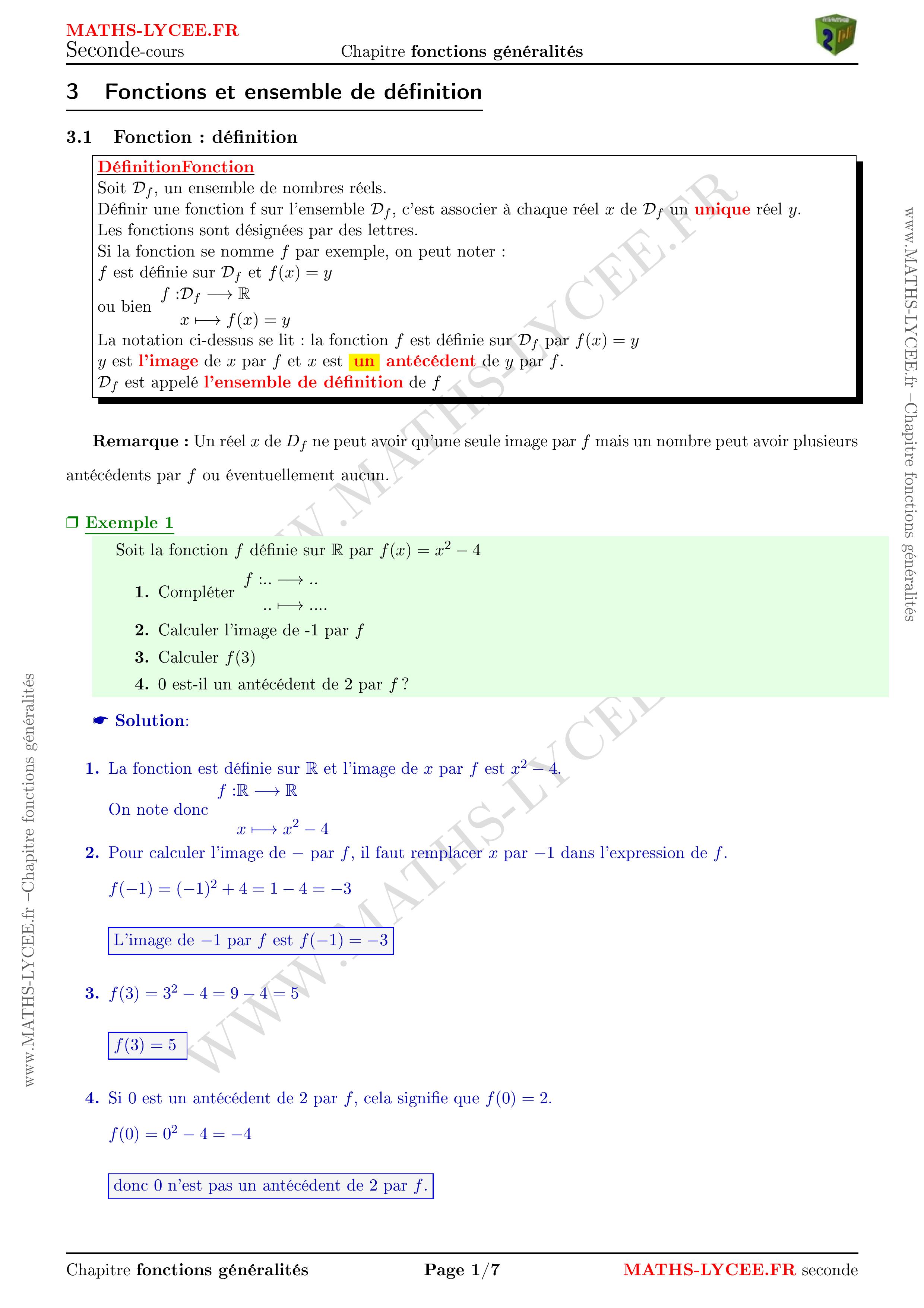 MATHS-LYCEE.FR cours et exemples corrigés chapitre Fonctions: généralités