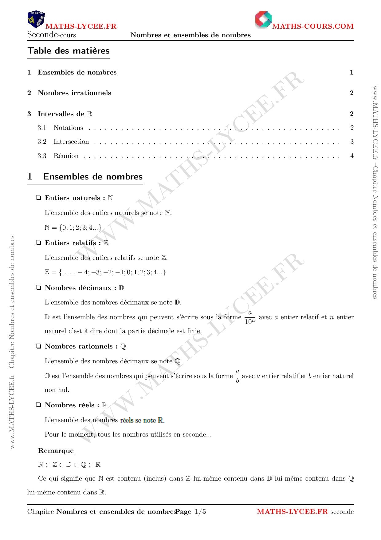 Ensembles De Nombres Seconde Exercices Corrigés Pdf