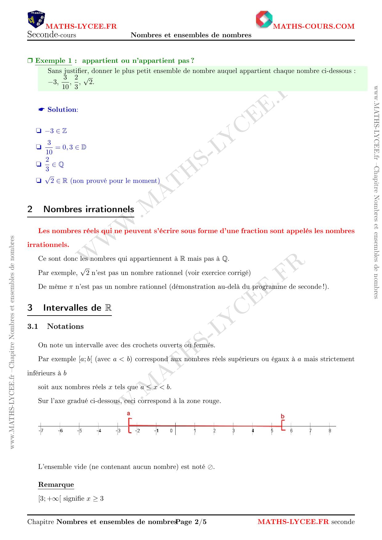 Ensembles De Nombres Seconde Exercices Corrigés Pdf