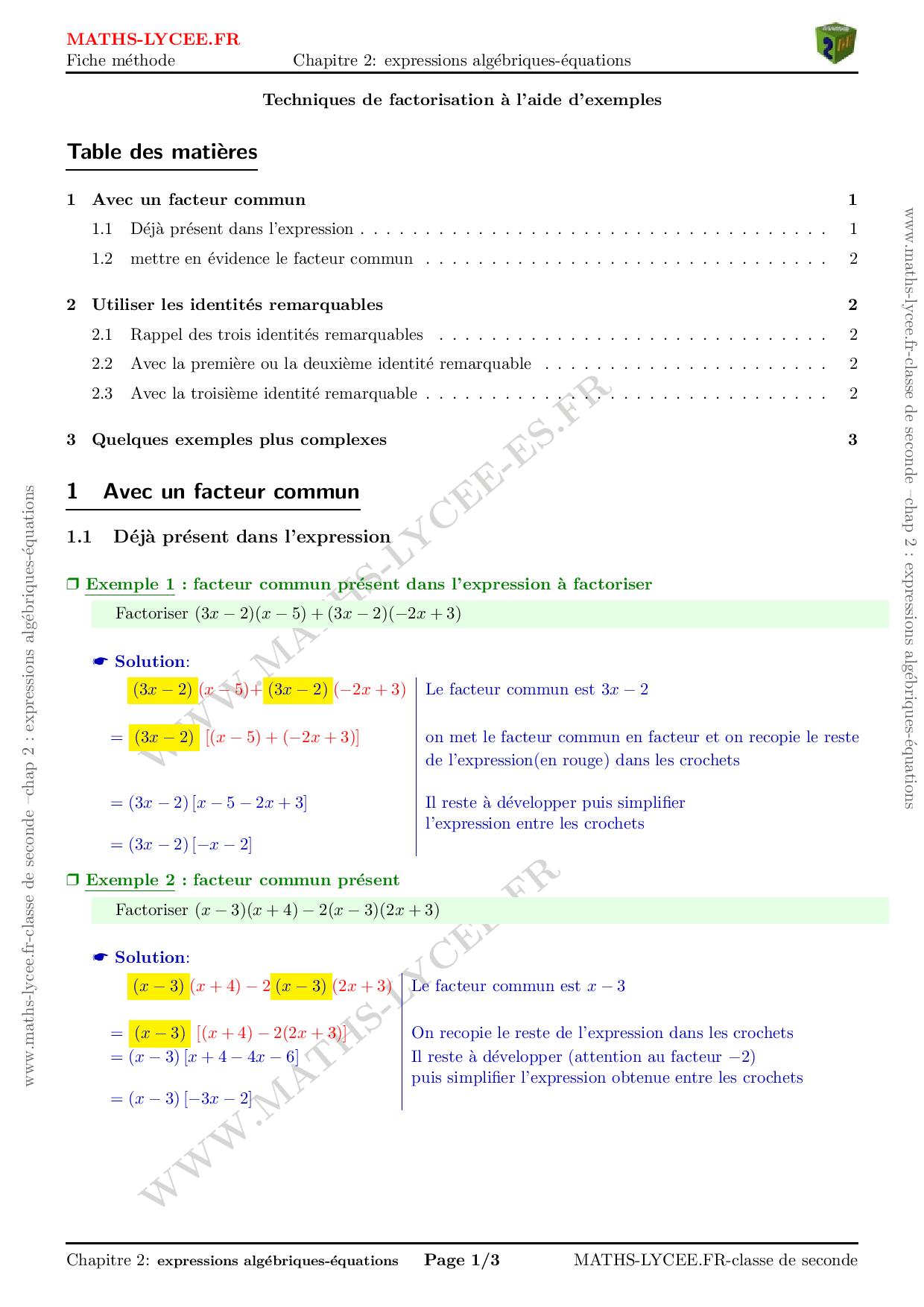 MATHS-LYCEE.FR cours et exemples corrigés chapitre Calculs et équations