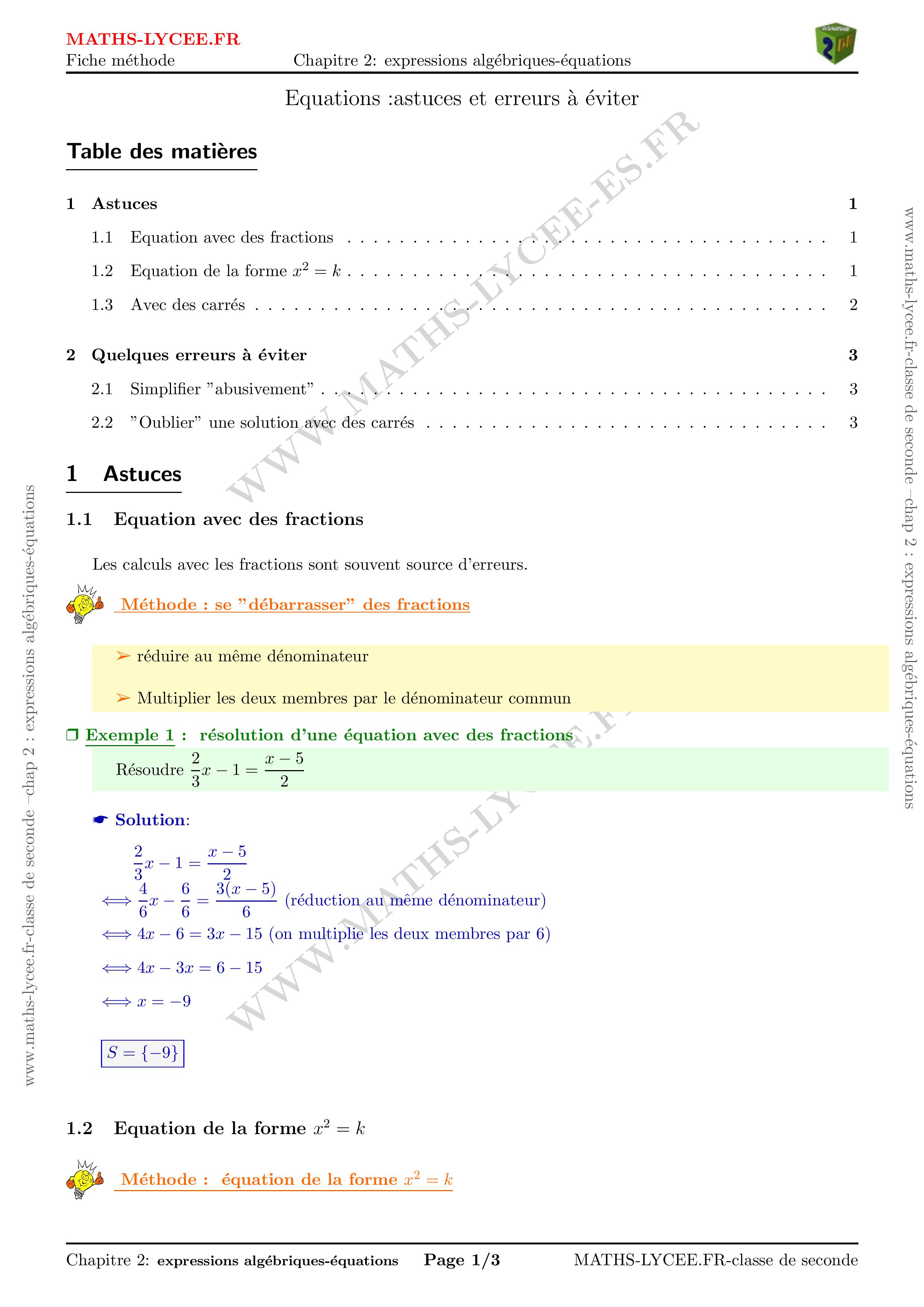 MATHS-LYCEE.FR cours et exemples corrigés chapitre Calculs et équations