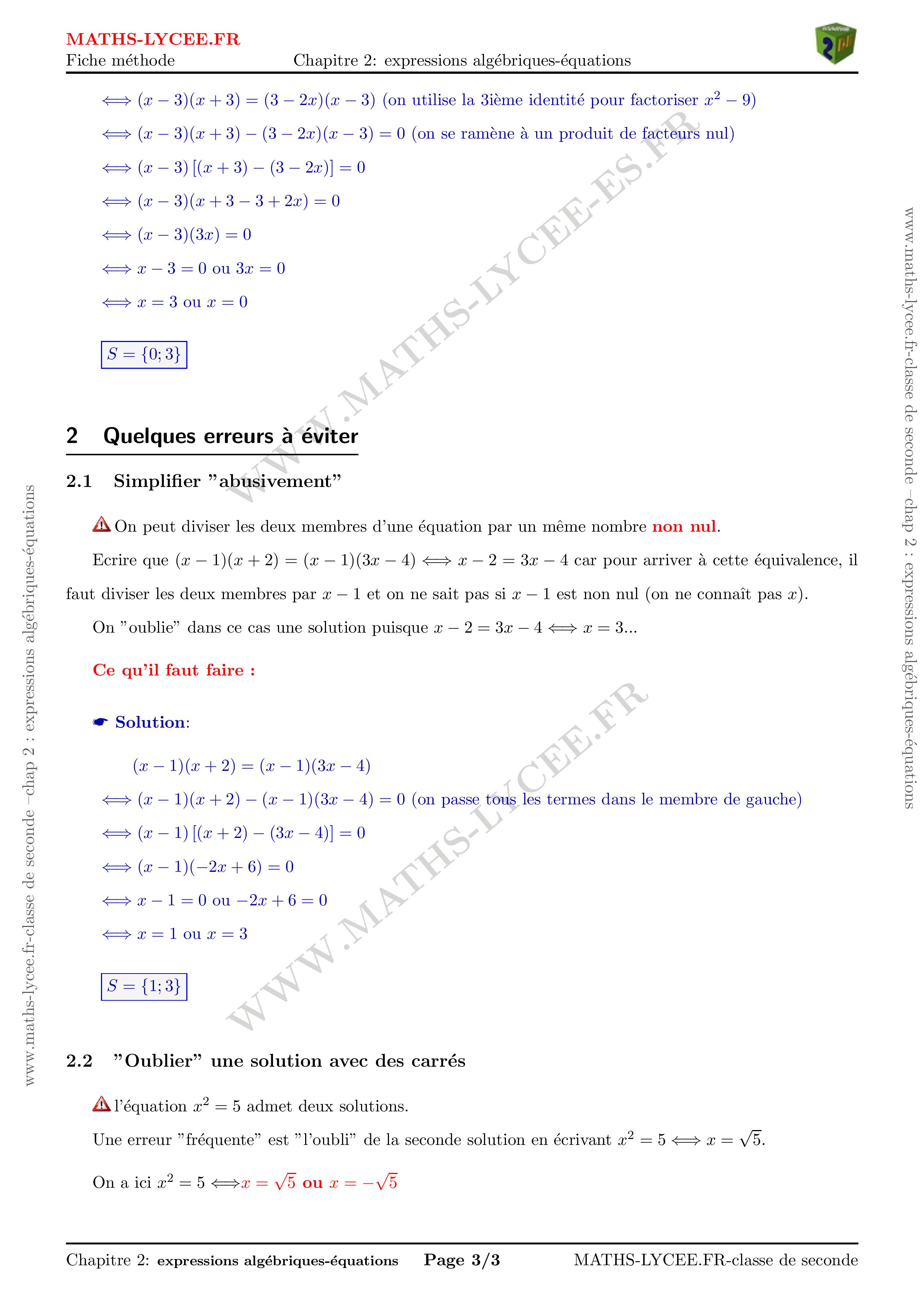 MATHS-LYCEE.FR cours et exemples corrigés chapitre Calculs et équations
